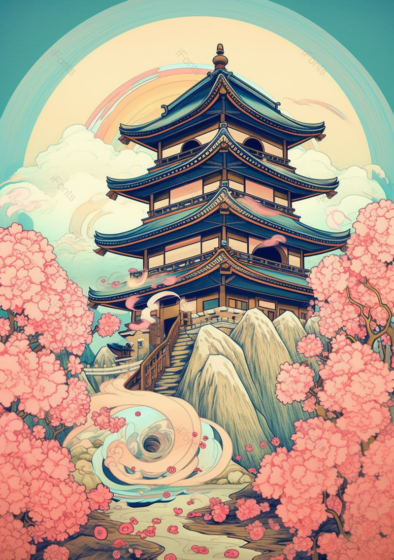 春天桃花盛开的中国风古楼古典插画,插画/手绘图,插画/手绘图库,插画/手绘图下载,插画/手绘